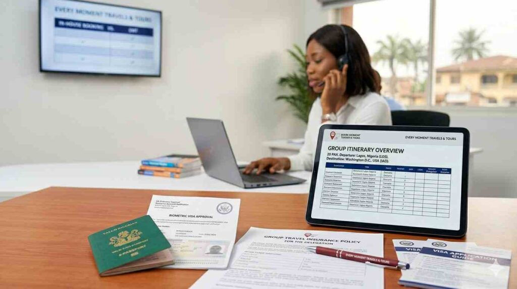 set in the Every Moment Travels & Tours Aba office,