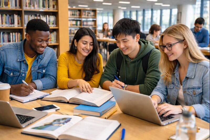 International students studying together in a modern UK university library