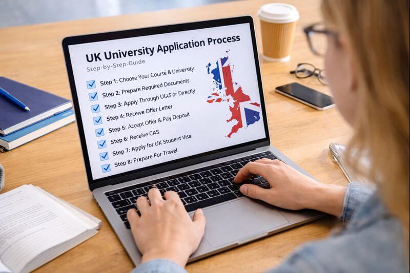 Student checking UK university application process on a laptop