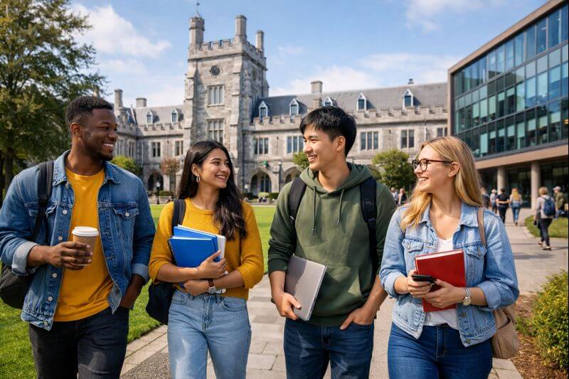 How to Study in the UK: Complete Guide for International Students International students walking on a UK university campus with historic buildings and modern facilities