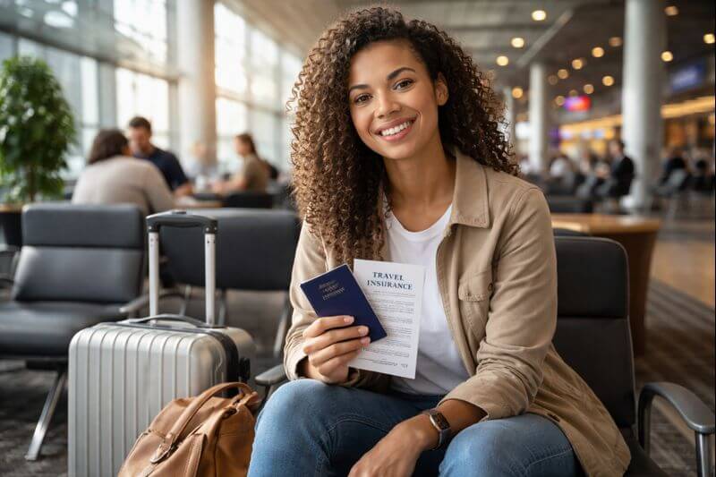 What Travel Insurance Actually Covers Traveler holding passport and travel insurance documents at airport