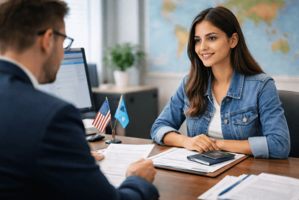 international student attending visa interview at embassy