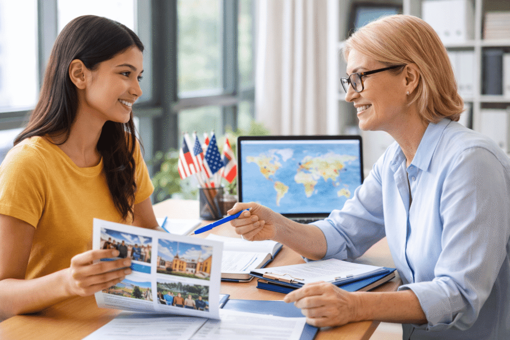 Education consultant advising student on study abroad program selection
