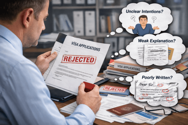 Alt text: Applicant writing a visa cover letter while reviewing travel documents