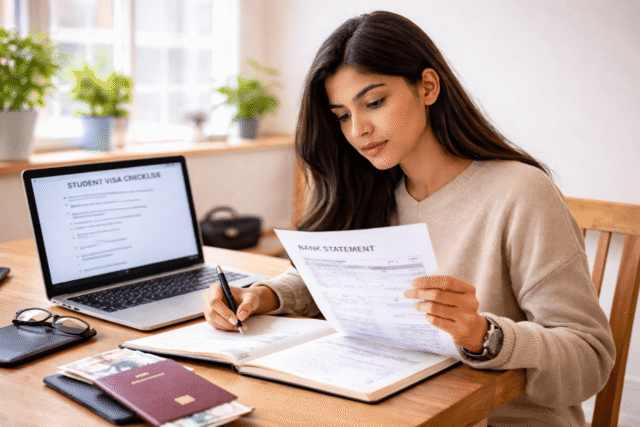 Student checking proof of funds documents for student visa application