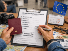 How To Apply For A Schengen Visa Traveler reviewing Schengen visa application documents with passport and checklist before embassy appointment