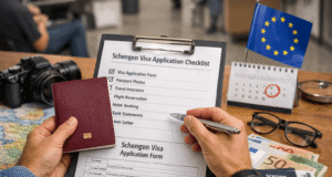 How To Apply For A Schengen Visa Traveler reviewing Schengen visa application documents with passport and checklist before embassy appointment