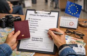 How To Apply For A Schengen Visa Traveler reviewing Schengen visa application documents with passport and checklist before embassy appointment