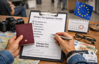 How To Apply For A Schengen Visa Traveler reviewing Schengen visa application documents with passport and checklist before embassy appointment