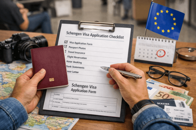 Traveler reviewing Schengen visa application documents with passport and checklist before embassy appointment