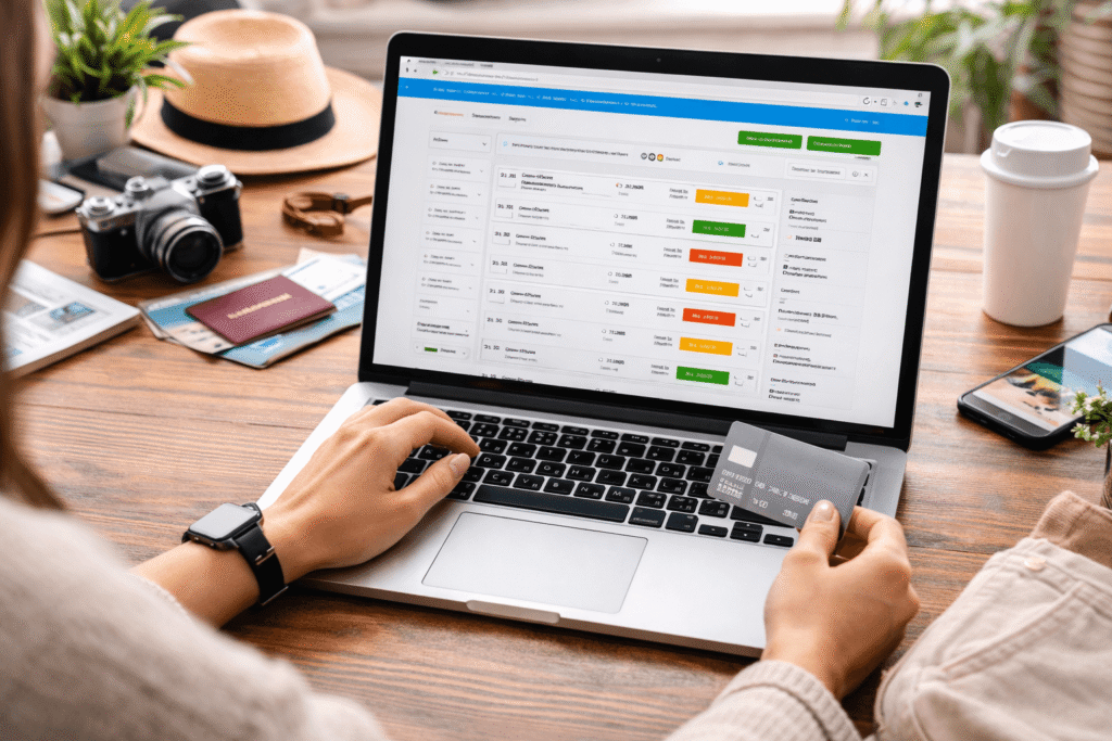 Traveler comparing flight prices on laptop booking cheap flights