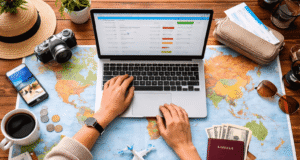 Top Travel Hacks (Packing, Flights, Money Saving) Traveler planning international trip using laptop and world map