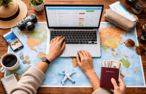 Top Travel Hacks (Packing, Flights, Money Saving) Traveler planning international trip using laptop and world map