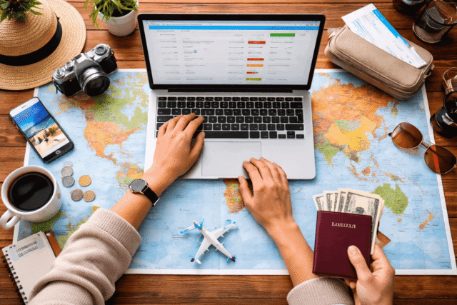 Traveler planning international trip using laptop and world map