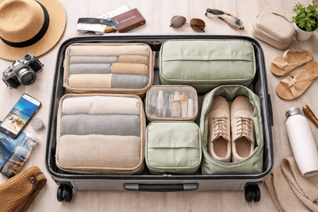 Traveler planning trip with laptop, passport, and world map