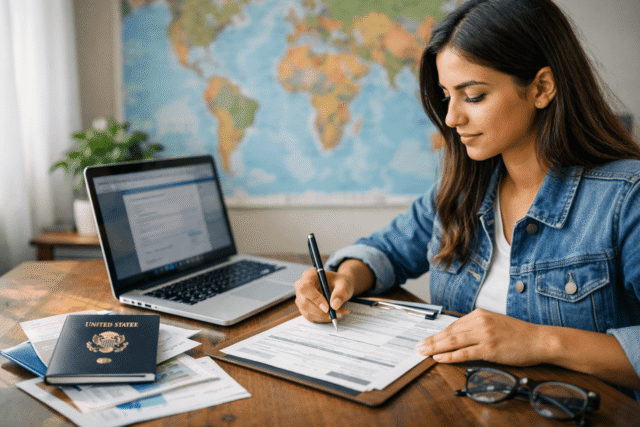 student reviewing student visa application checklist