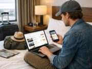 How to Find the Best Hotel Deals Online (Complete 2026 Guide) Traveler searching online for the best hotel deals and cheap hotels using a laptop