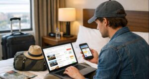 How to Find the Best Hotel Deals Online (Complete 2026 Guide) Traveler searching online for the best hotel deals and cheap hotels using a laptop