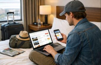 How to Find the Best Hotel Deals Online (Complete 2026 Guide) Traveler searching online for the best hotel deals and cheap hotels using a laptop