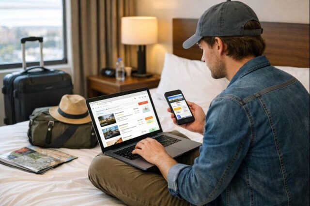 how-to-find-the-best-hotel-deals-online Traveler searching online for the best hotel deals and cheap hotels using a laptop