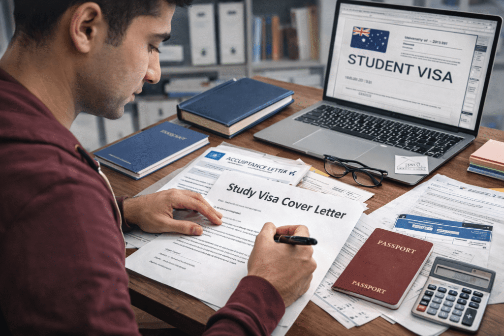 International student writing a compelling visa cover letter
