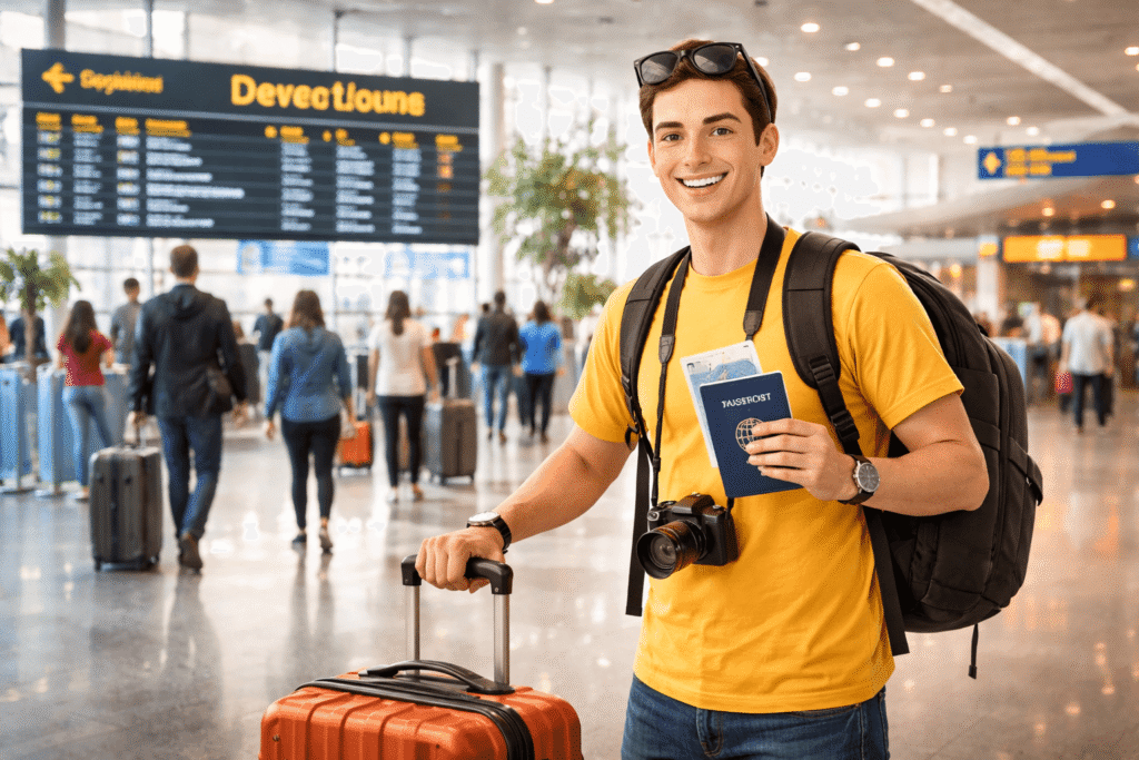 tourist traveling with passport and luggage