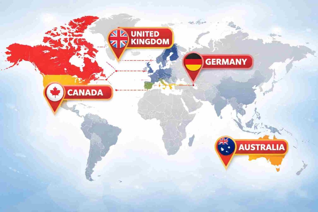 Map of UK, Canada, Germany, Australia.