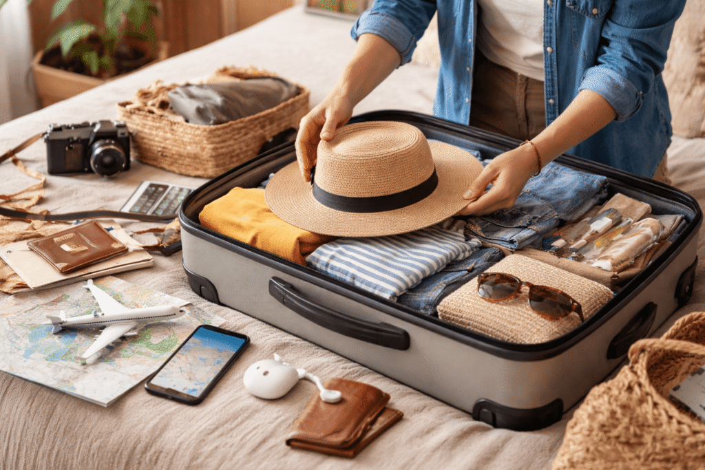 traveler preparing luggage for international travel