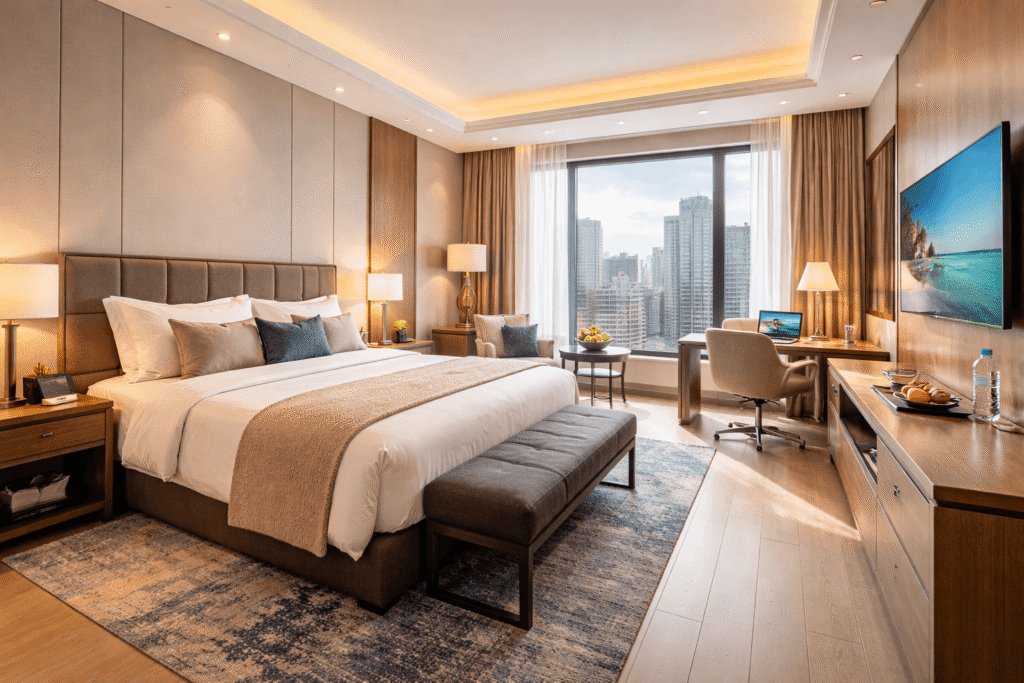 luxury hotel room with bed workspace and modern amenities