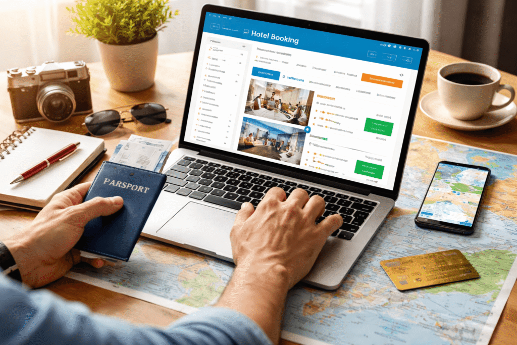 traveler planning hotel booking online with laptop and passport