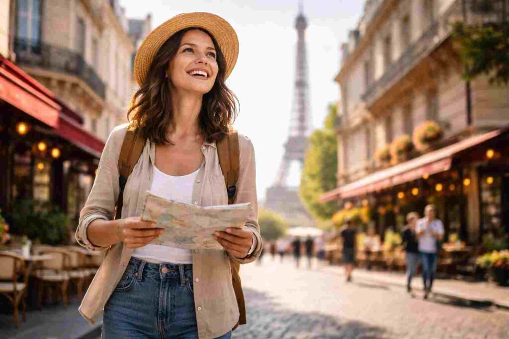 Happy traveler exploring European city with landmarks, carefree and protected feeling
