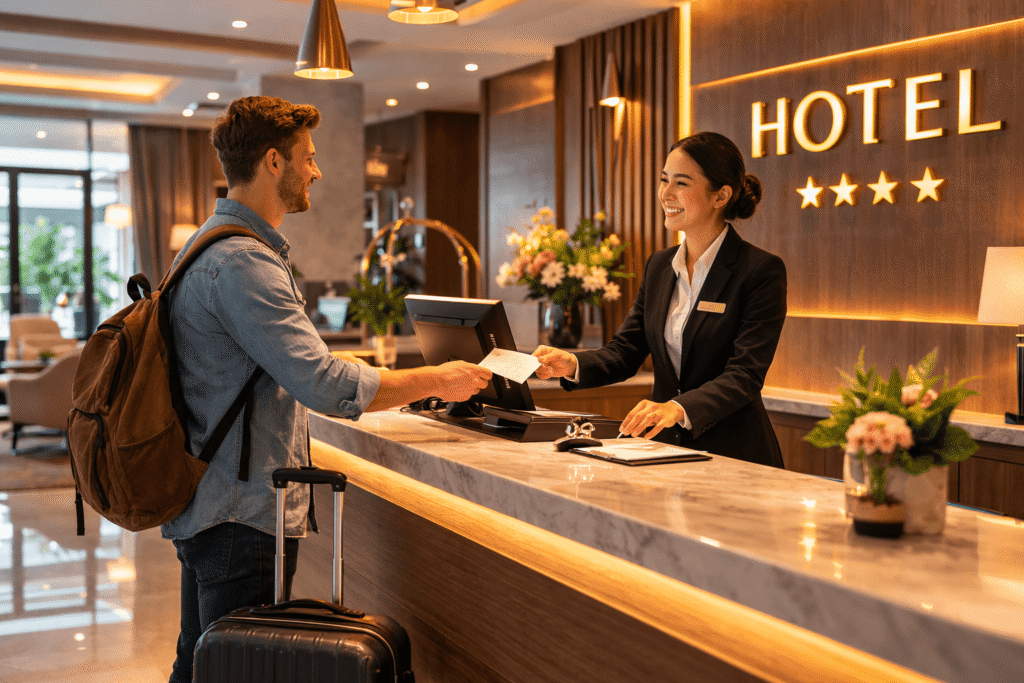Traveler checking into hotel reception desk