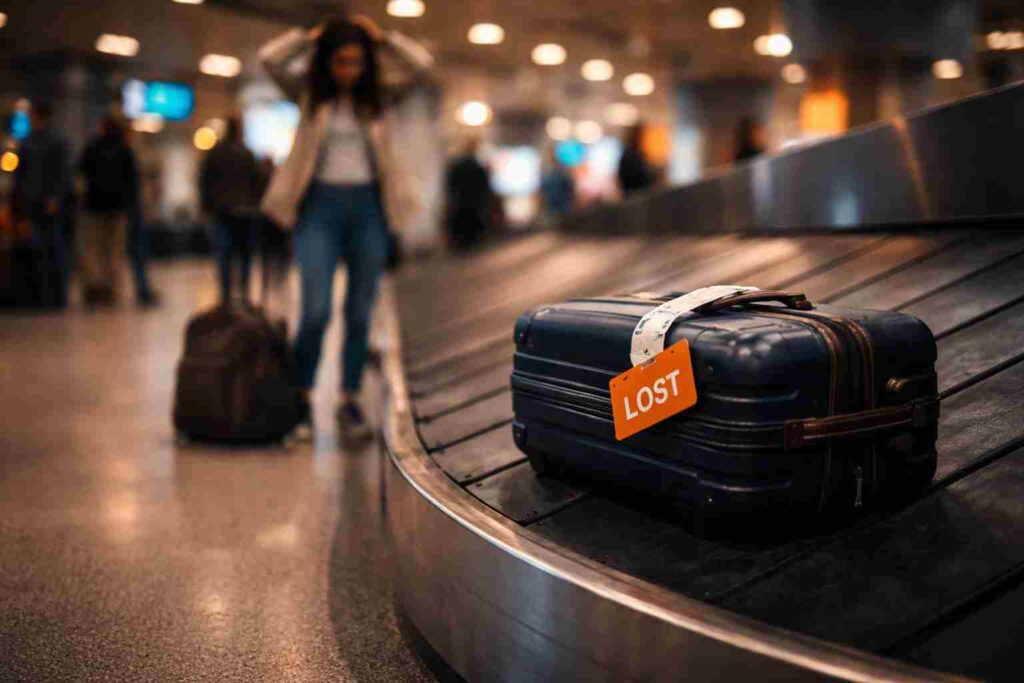 Lost luggage at airport conveyor belt, travel stress concept,