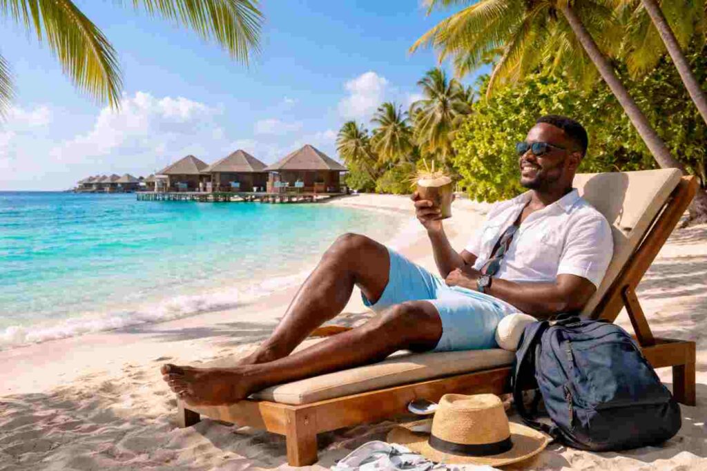 Nigerian traveler relaxing on a tropical beach in Maldives