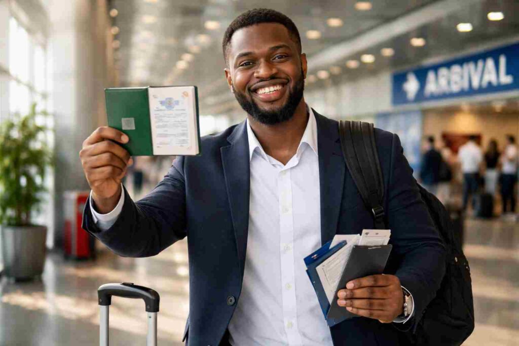 A happy Nigerian traveler smiling while holding passport with visa stamp