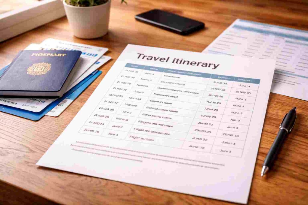 Sample travel itinerary layout for visa application