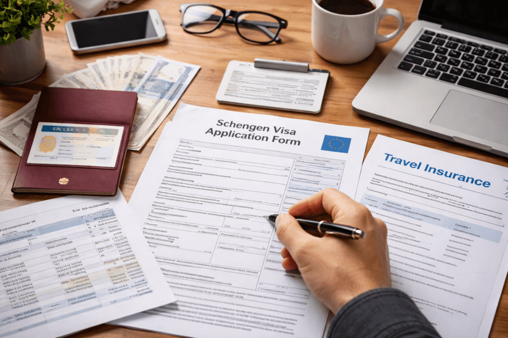 Schengen visa application documents checklist on desk