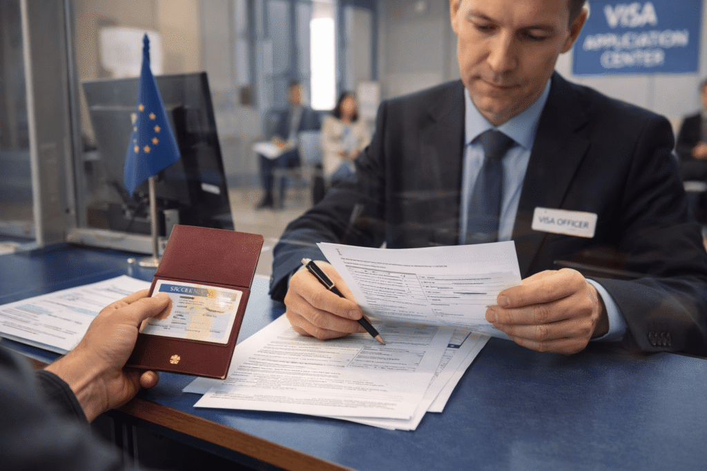 Applicant submitting Schengen visa documents at embassy