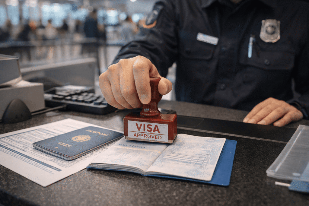 immigration officer stamping passport student visa approval