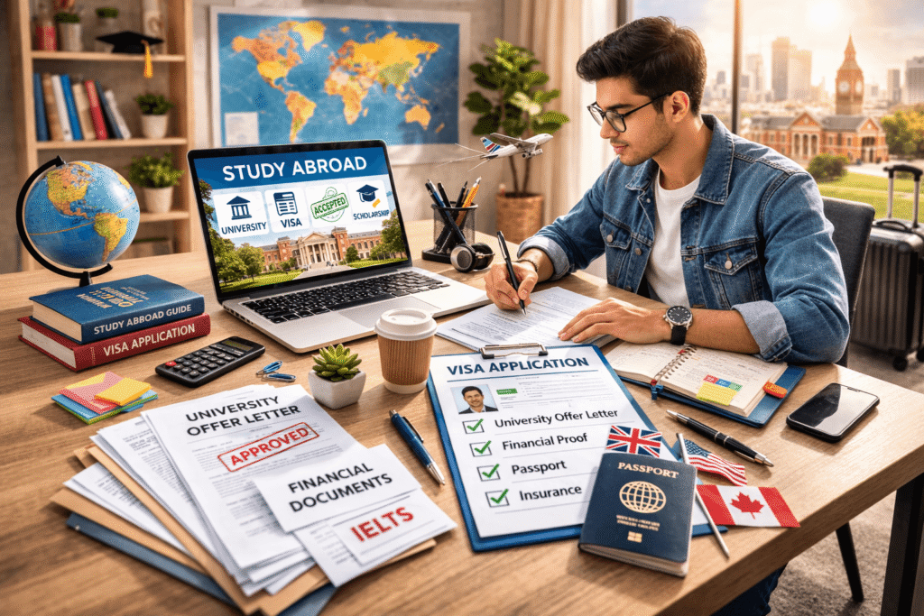 student preparing study abroad visa documents