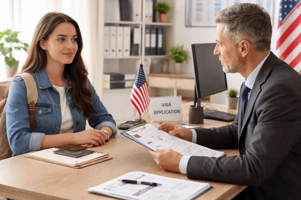 student attending embassy visa interview