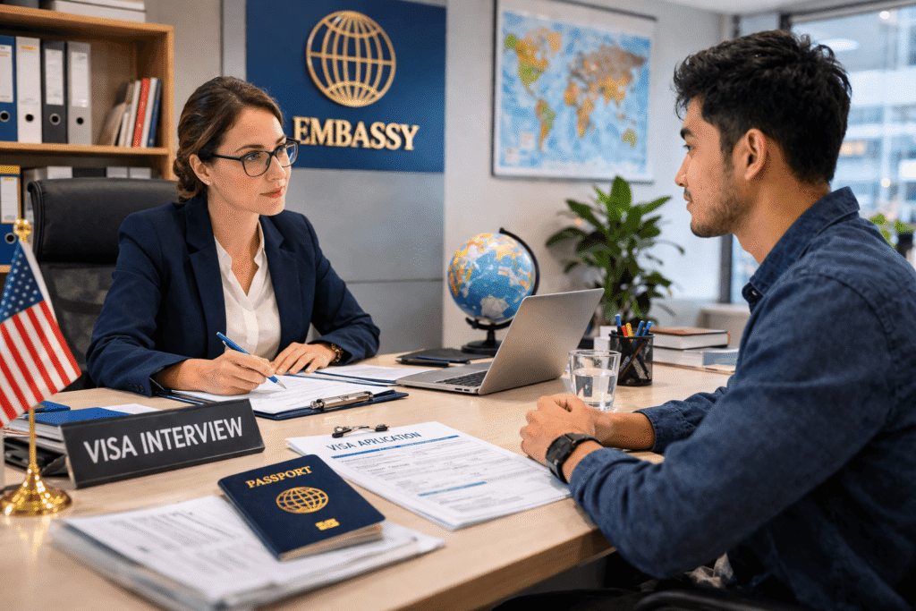 Student attending visa interview at embassy