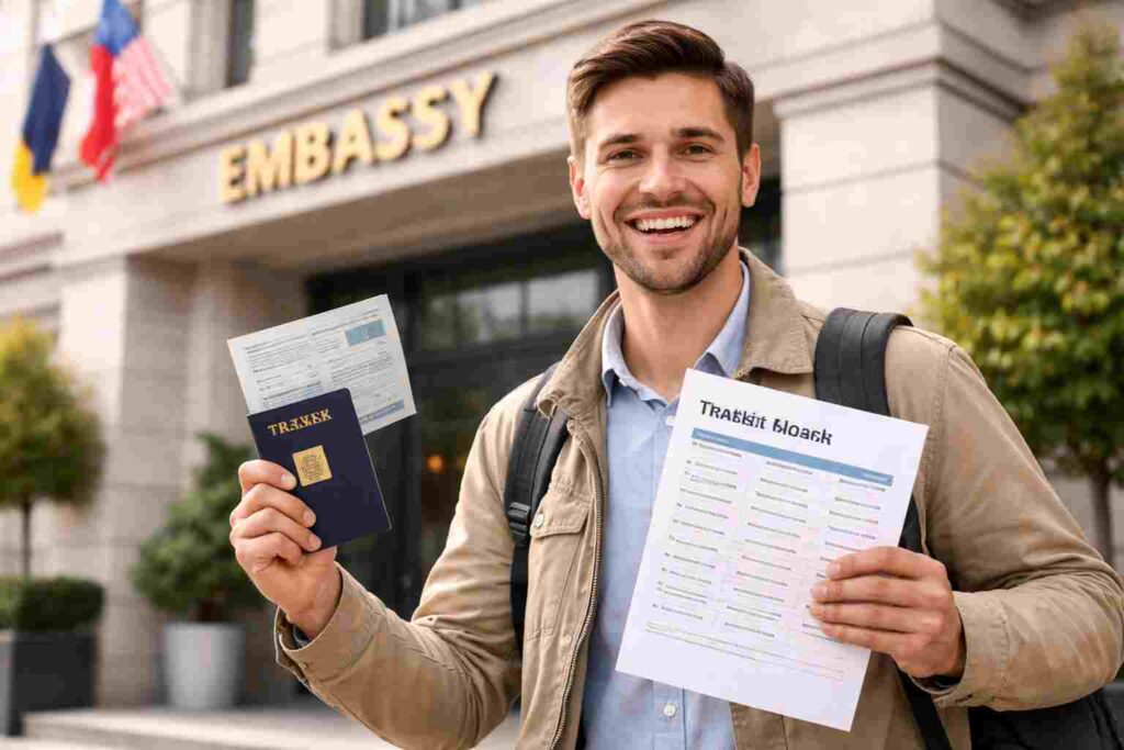 Traveler with visa approval and travel itinerary documents