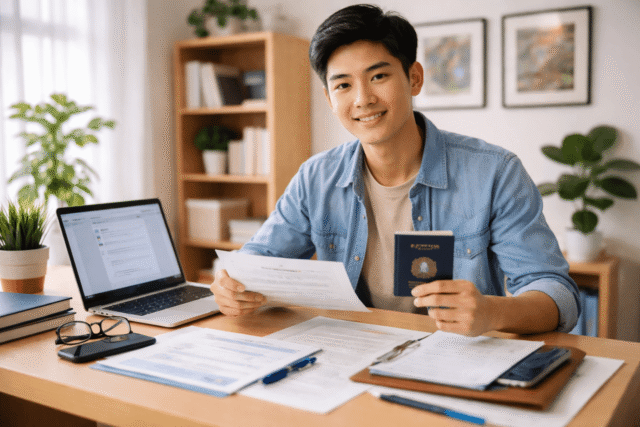 Student preparing documents for visa interview