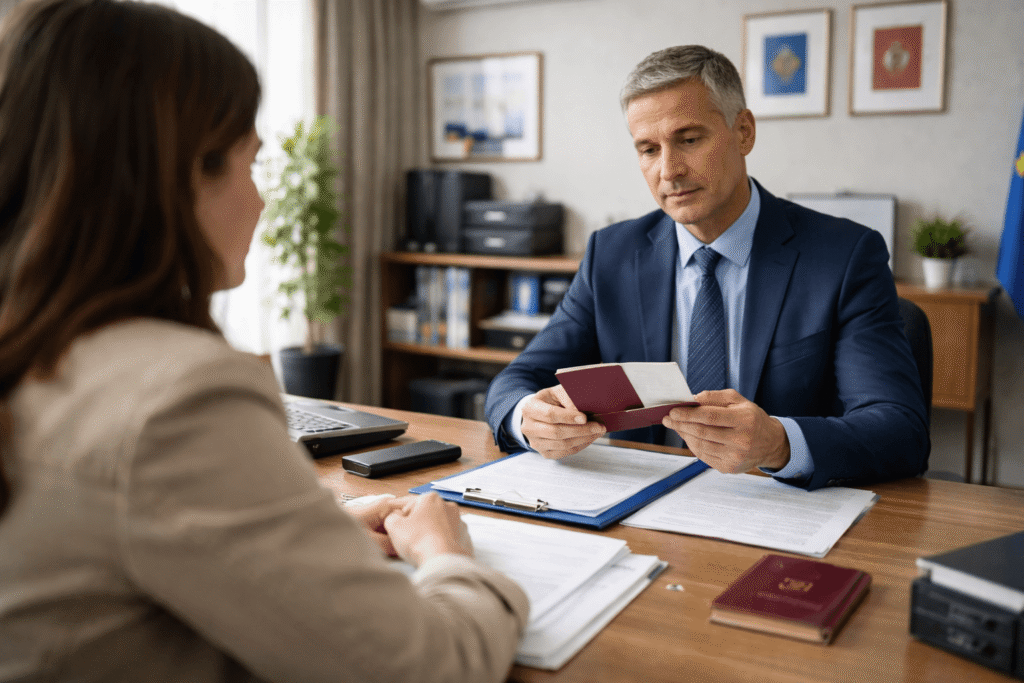 Applicant attending visa interview at embassy