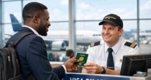 The Ultimate Guide to Visa on Arrival Countries for Nigerians Nigerian traveler getting visa on arrival at airport immigration desk