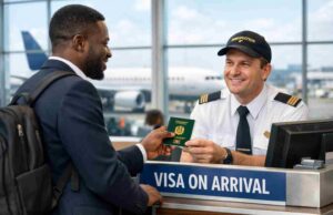 The Ultimate Guide to Visa on Arrival Countries for Nigerians Nigerian traveler getting visa on arrival at airport immigration desk