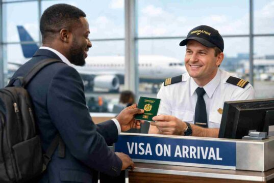 The Ultimate Guide to Visa on Arrival Countries for Nigerians Nigerian traveler getting visa on arrival at airport immigration desk