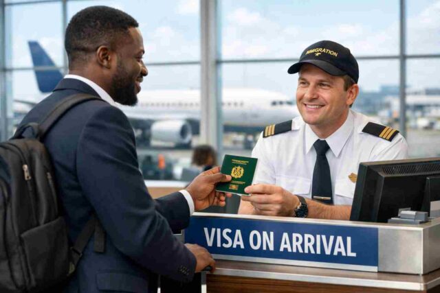 visa-on-arrival-nigerians-airport.jpg-compressed Nigerian traveler getting visa on arrival at airport immigration desk