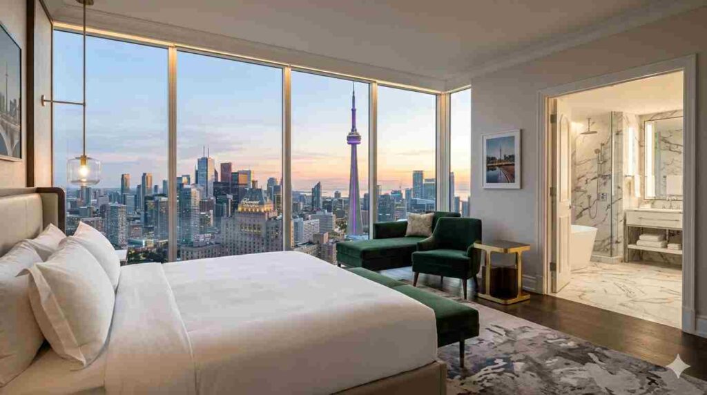 Modern luxury hotel suite interior with a view of downtown Toronto skyline.